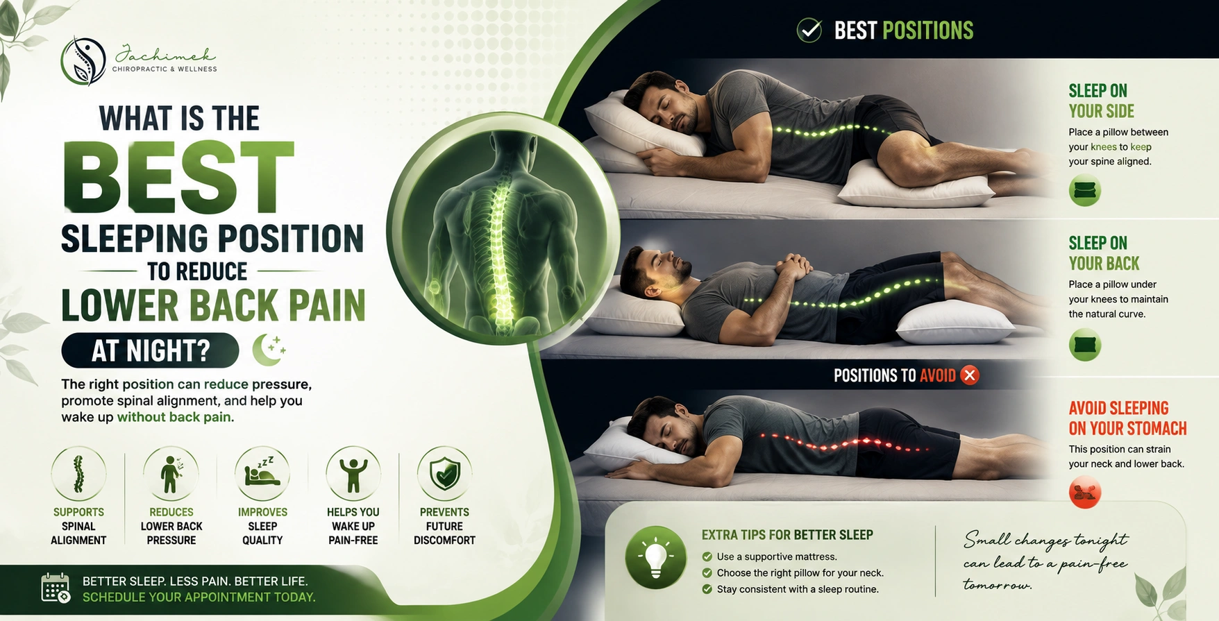 Best Sleeping Positions to Relieve Lower Back Pain Diagram showing side, back, and stomach sleeping postures with highlighted spinal alignment points