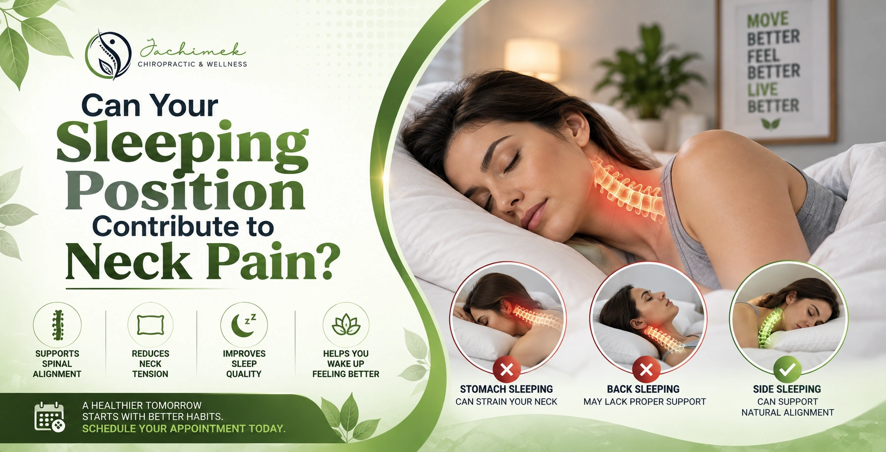 Can Your Sleeping Position Contribute to Neck Pain Woman sleeping with highlighted neck strain alongside illustrations comparing stomach, back, and side sleeping positions.