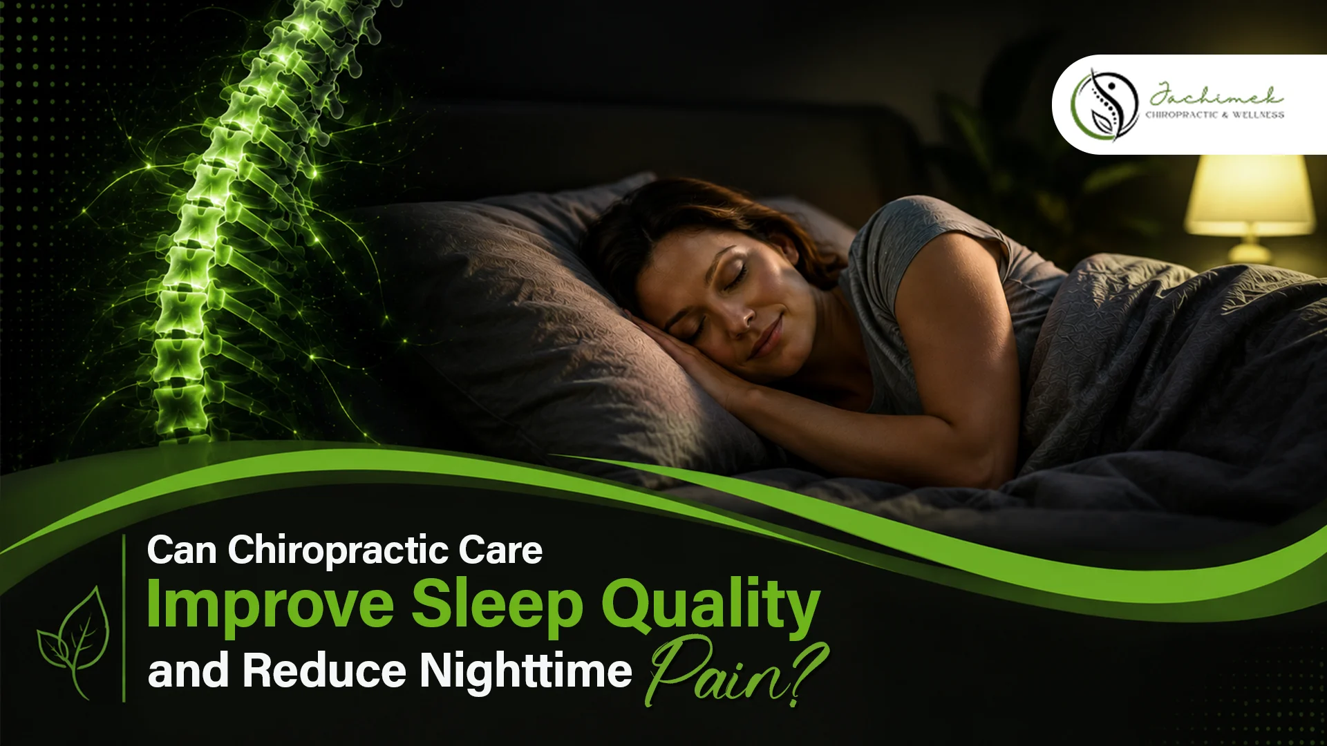Woman sleeping comfortably in bed with highlighted spine graphic illustrating chiropractic care benefits for sleep quality and pain relief.