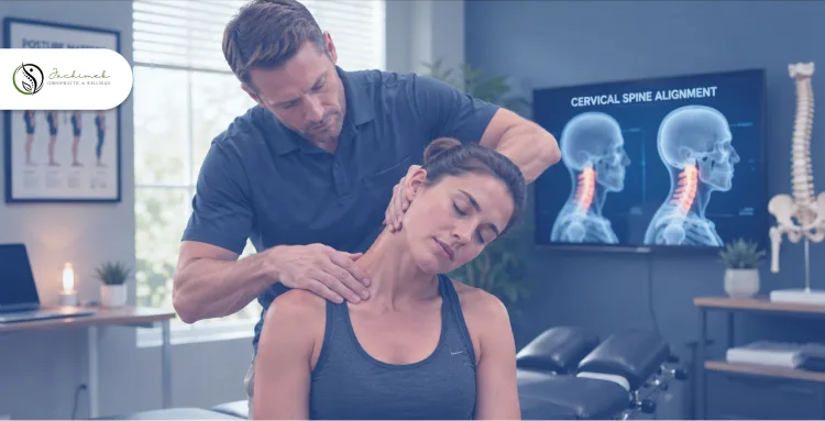 Chiropractor performing a neck adjustment on a patient to relieve neck and shoulder tension naturally
