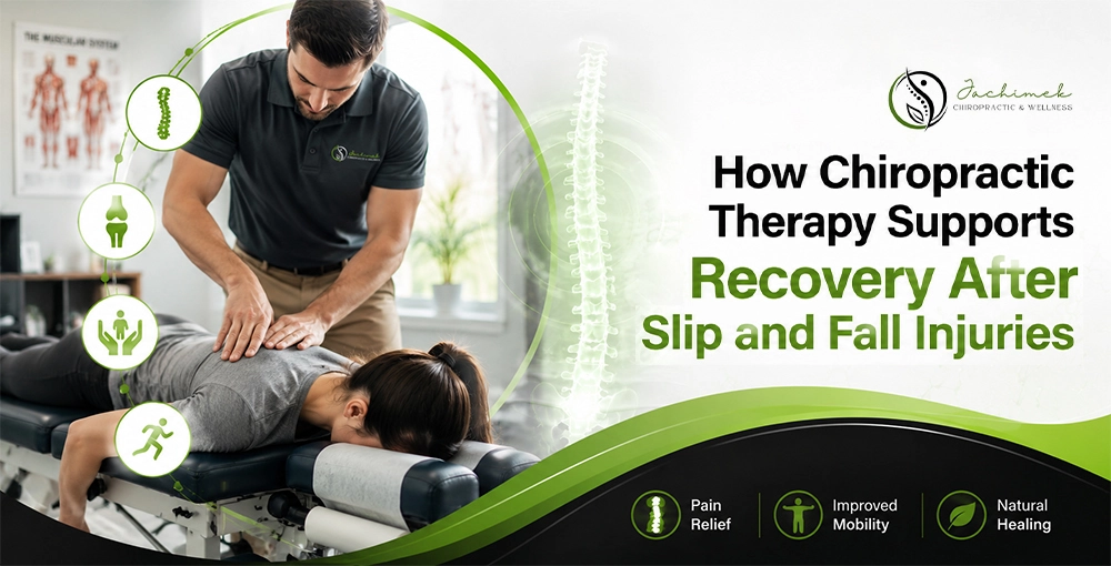 How Chiropractic Therapy Supports Recovery After Slip and Fall Injuries Chiropractor performing spinal adjustment on a patient to support recovery after slip and fall injuries, improving mobility, reducing pain, and promoting natural healing.