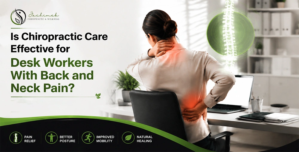 Is Chiropractic Care Effective for Desk Workers With Back and Neck Pain? Chiropractic care graphic showing an office worker with back and neck pain, spinal alignment illustration, and ergonomic workplace highlighting chiropractic treatment benefits.