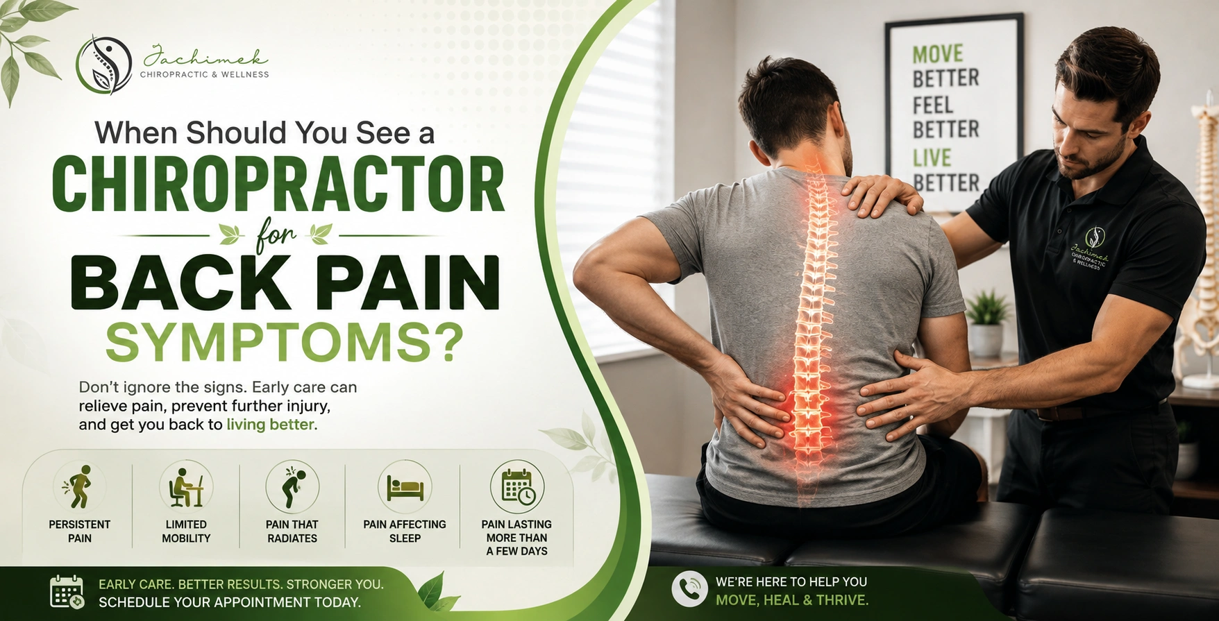 Chiropractor examining a male patient's painful spine with a glowing red alignment graphic during treatment.