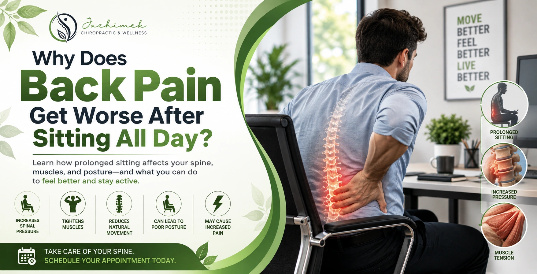 Why Back Pain Gets Worse After Sitting All Day: Guide Man at an office desk holding his lower back with a highlighted glowing spine indicating severe pain from sitting.