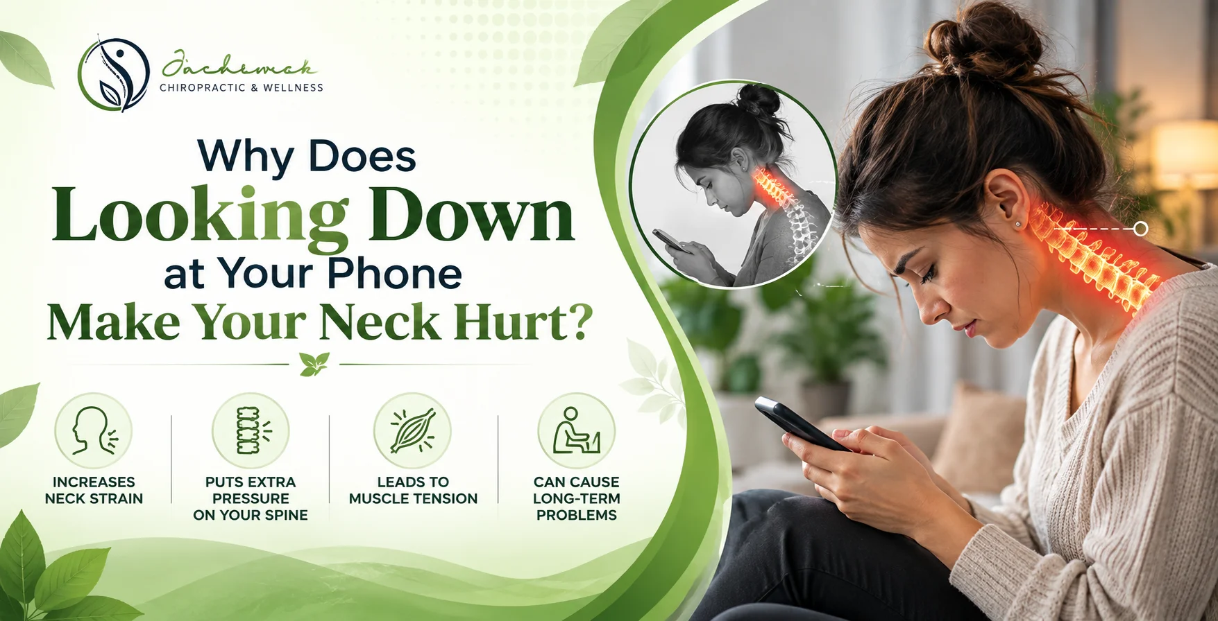 Why Does Looking Down at Your Phone Make Your Neck Hurt Woman looking down at her phone with highlighted neck strain and spine pressure from Jachemck Chiropractic & Wellness.